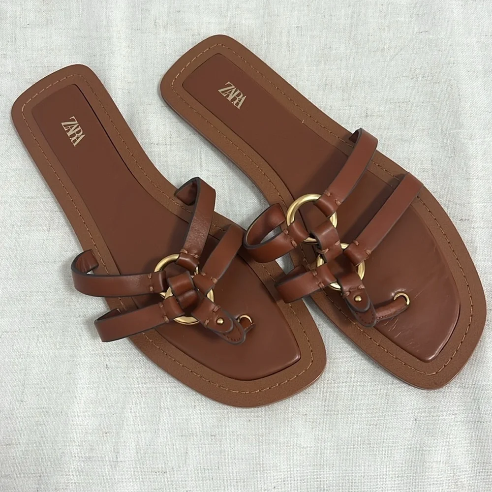 Zara Women’s  Leather Sandals with Embellished Medal Details Brown size 42 US 11 - Picture 2 of 10